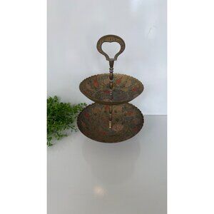 Vintage Brass Two-Tier Trinket Tray With Floral Etching Handle Cloisonne Styler
